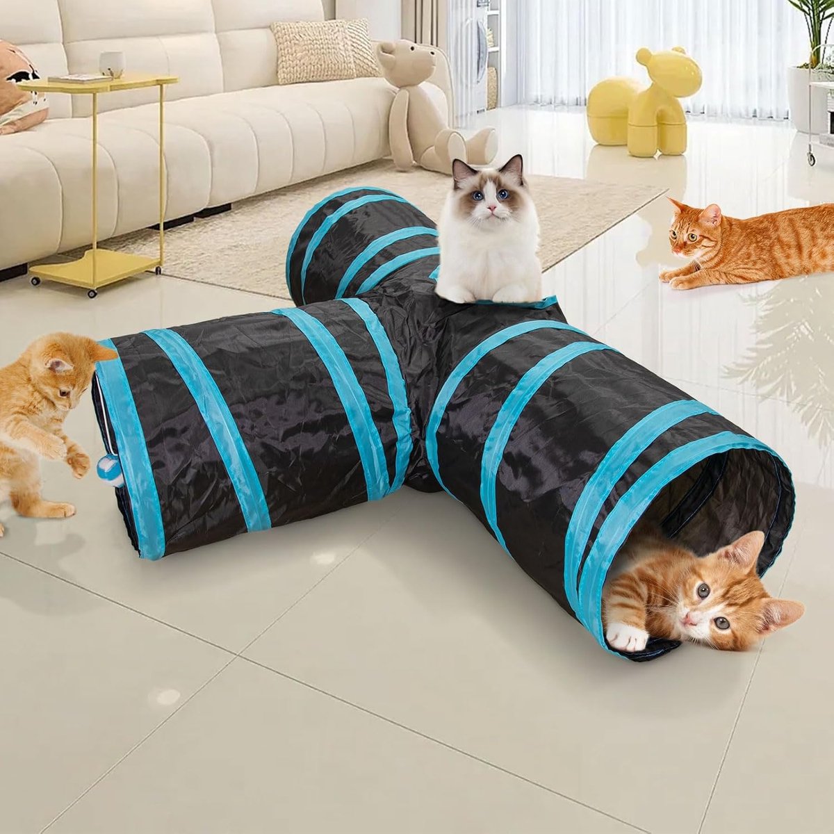 Cat Tunnel - 3 Passages - Play Tunnel for Animals - Cat Tunnel with Play Ball - Cat Tunnel - Cat House - Cat Play Tunnel - Rabbit Tunnel - Crawl Tunnel - Cat Toys - Blue - Image 4