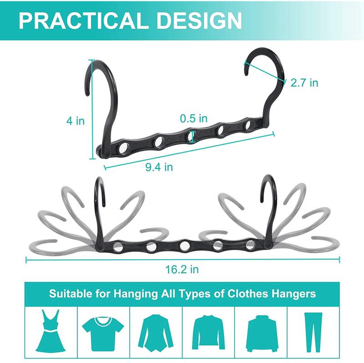 Clothes Hanger - 6 Pieces - Magic Clothes Hanger - Space-Saving Clothes Hanger - Wardrobe Hangers - 5 Slots - Multifunctional - Plastic - Wardrobe Organizer - Black - For 30 Garments - For Shirts, Trousers, Dresses, Jackets, Etc - Image 5