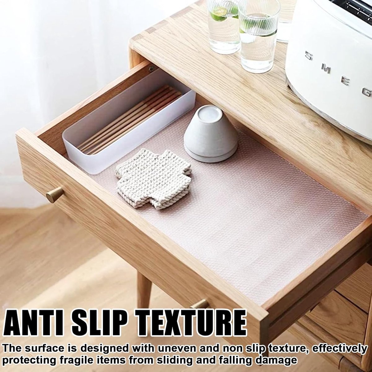 Anti-slip mat - 500x30 cm - Drawer mat - Antifouling pads - Kitchen drawer protector - Protection mat - Anti-slip mat - Drawer protection - Non-adhesive - Antibacterial - Waterproof - Transparent - Bathroom - For cabinet, shoe rack, table - Plastic - Image 3