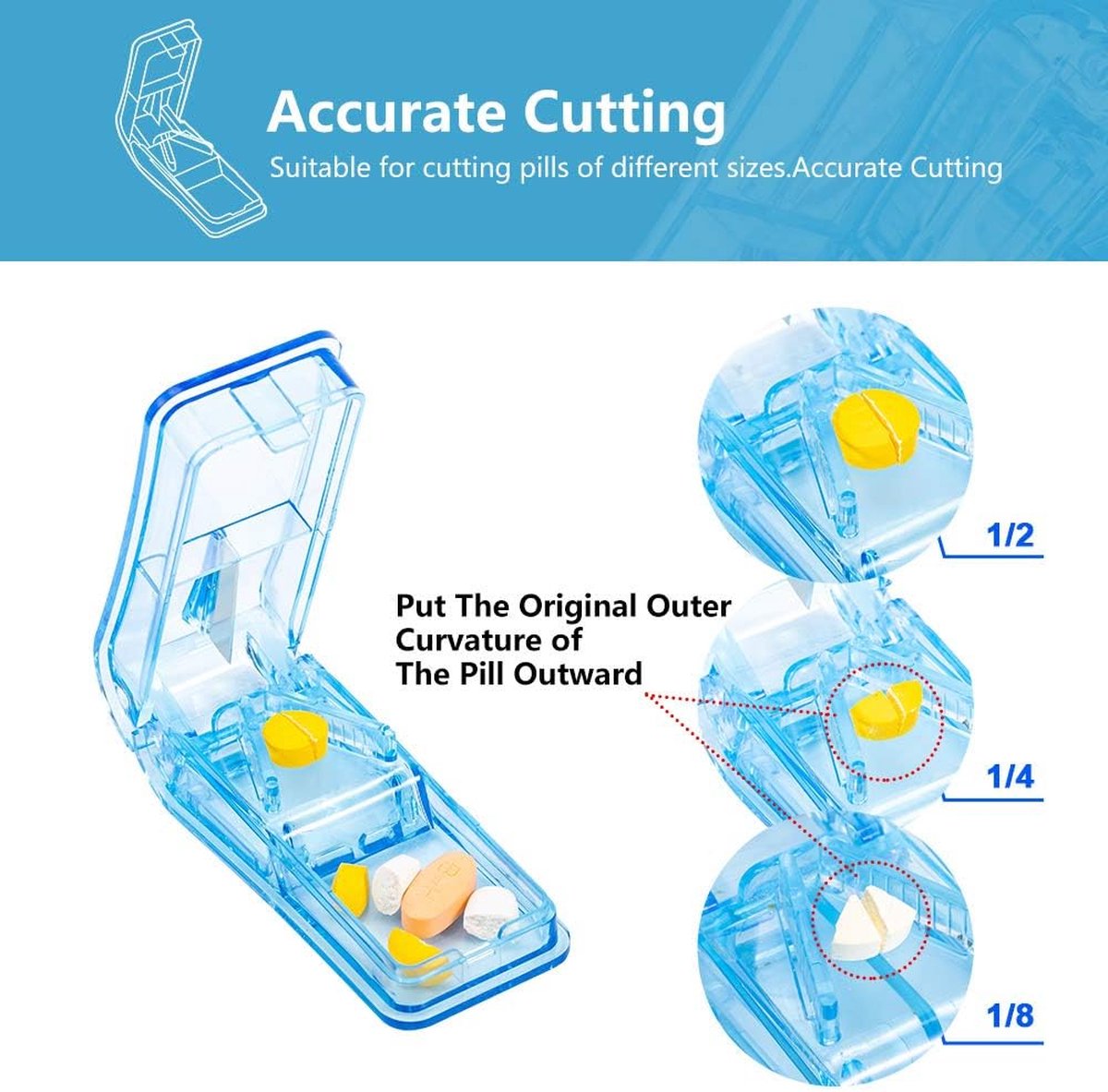 Pill Cutter - 2-Piece Pill Splitter - Tablet Splitter - Medicine Cutter - Pill Cutter - BPA-Free - Pill Storage Box - Pill Box with Sharp Blade - Suitable for Hard Pills - Small and Large Pills - Portable Cutting Mechanism - Blue - Image 2
