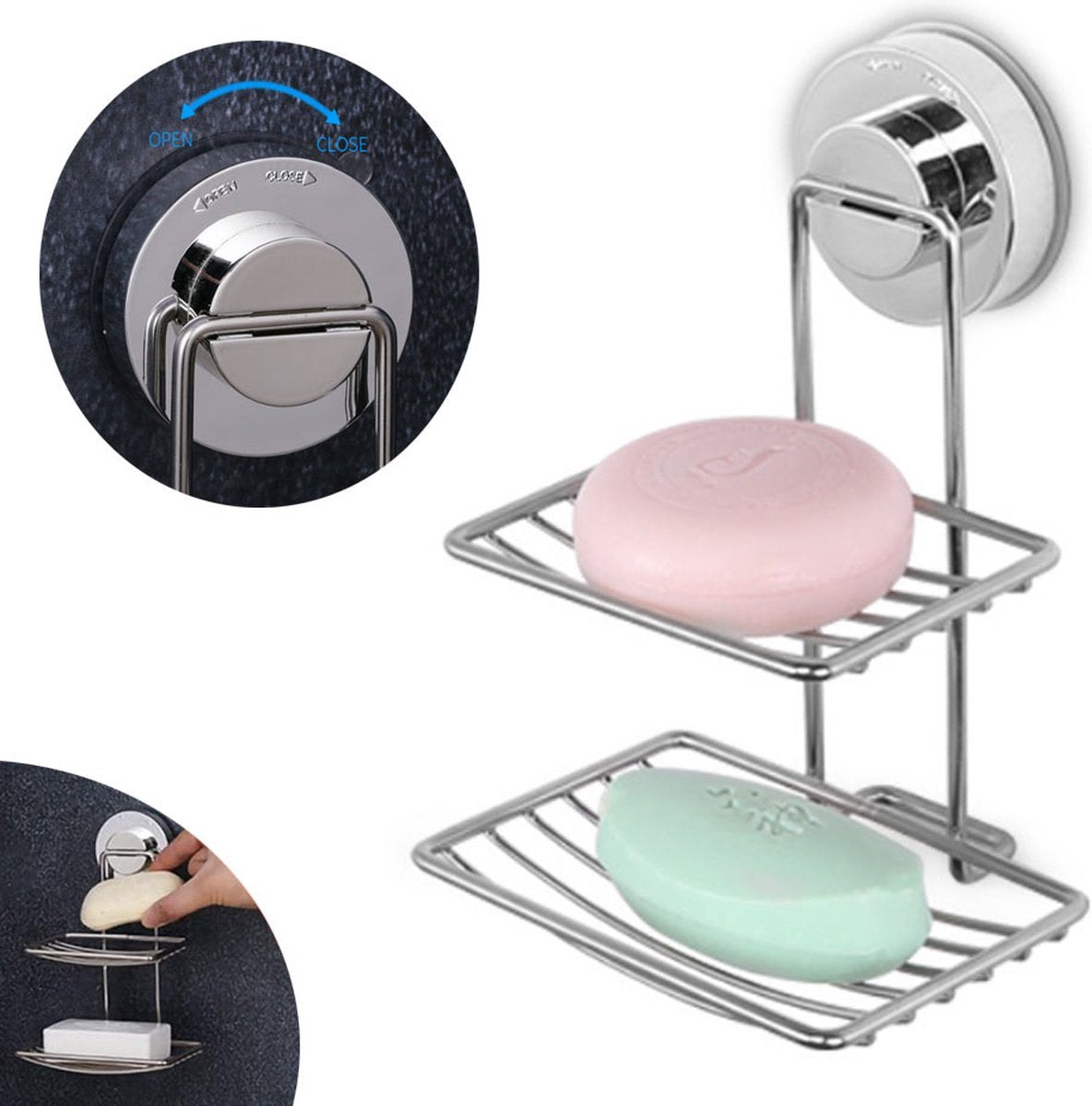 Soap Holder - Double-Layer Soap Rack - Stainless Steel - High Load Capacity - Powerful Suction Cup - Soap Dish - Hanging Soap Rack - Shower / Bathroom Rack - No Drilling Required - Handy & Practical - Silver - Easy to Install
