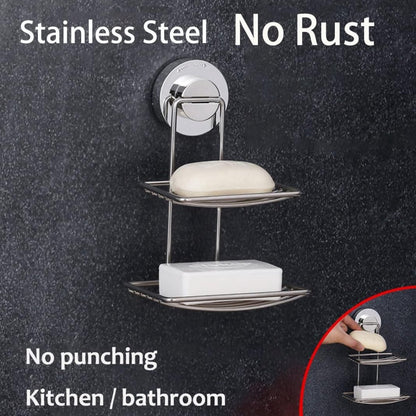 Soap Holder - Double-Layer Soap Rack - Stainless Steel - High Load Capacity - Powerful Suction Cup - Soap Dish - Hanging Soap Rack - Shower / Bathroom Rack - No Drilling Required - Handy & Practical - Silver - Easy to Install - Image 2