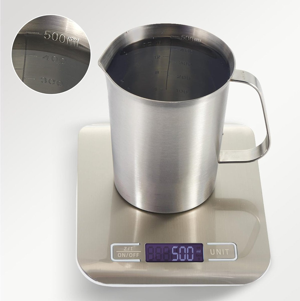 Measuring Cup with Pouring Spout - Measuring Cups with Scale - 500 ML - Small Measuring Cups - Measuring Cups - Measuring Beaker - Cups - Measuring Jug - Measuring Cup - 304 Stainless Steel - 9 x 9.5 x 11 Cm (L x W x H) - Silver - For Precise Weighing and - Image 2