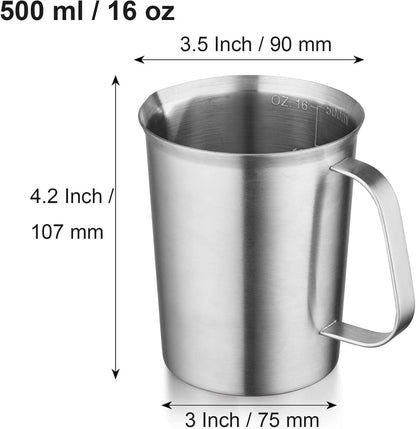 Measuring Cup with Pouring Spout - Measuring Cups with Scale - 500 ML - Small Measuring Cups - Measuring Cups - Measuring Beaker - Cups - Measuring Jug - Measuring Cup - 304 Stainless Steel - 9 x 9.5 x 11 Cm (L x W x H) - Silver - For Precise Weighing and - Image 5