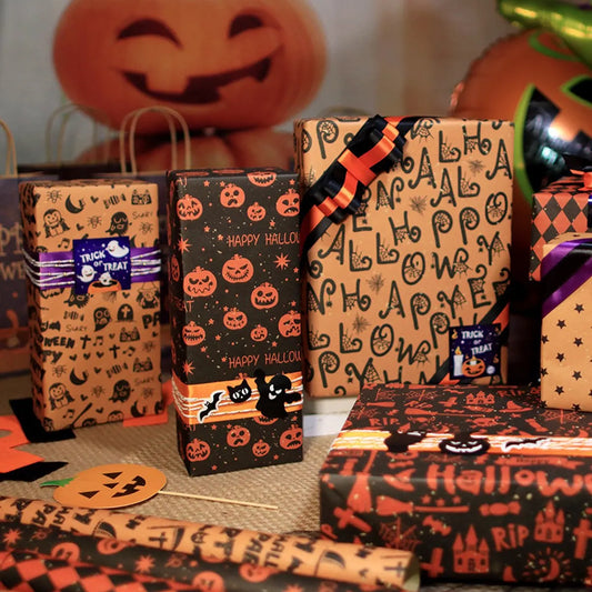 Wrapping Paper 6 Rolls - Gift Paper - Sustainable - Eco-friendly & Plastic-free - Tear-resistant - 50x70cm - Birthday - Decorations - Gift Paper - Party Assortment - Various Designs - Halloween - Pumpkin/ Bat/ Witch's Hat/ Star - Image 3