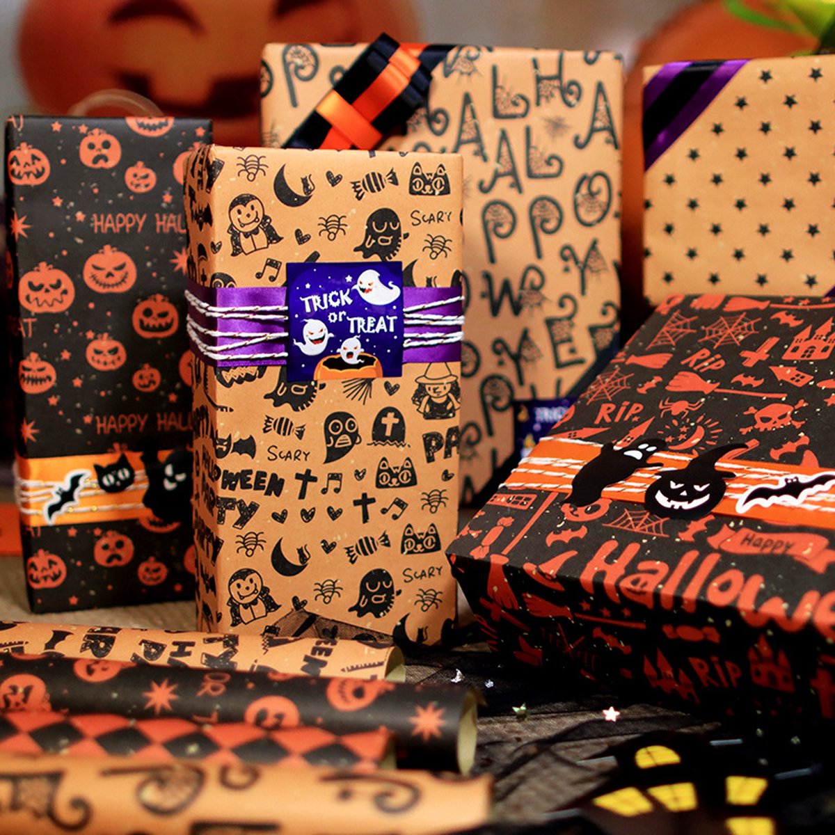 Wrapping Paper 6 Rolls - Gift Paper - Sustainable - Eco-friendly & Plastic-free - Tear-resistant - 50x70cm - Birthday - Decorations - Gift Paper - Party Assortment - Various Designs - Halloween - Pumpkin/ Bat/ Witch's Hat/ Star - Image 4