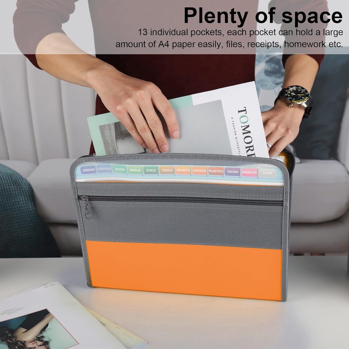 Project Folder - A4 - Foldable File Folder with Tabs - 13 Compartments - Storage Folder/Sorting Folder - Compartment Folder - Durable Plastic Document Folder - Writing Folder with Zipper - Conference Folder - Work Folder - Document Folder - Orange - Porta - Image 3