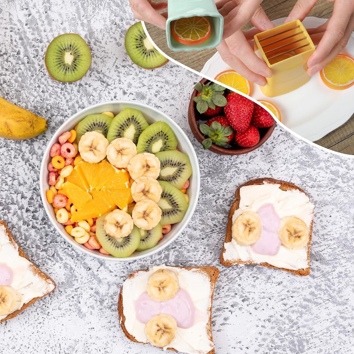 Fruit Knives - 2 Pieces - Fruit Slicer - Strawberry Slicer - Banana Slicer - Kitchen Gadget - Kitchen Accessories - Portable - Multifunctional - Ergonomic - Sharp - For Egg/Mushroom/Kiwis/Tomato/Lemon/Strawberry/Bananas - Yellow and Green - Image 3