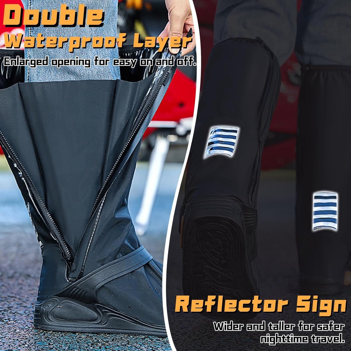 Waterproof Shoe Covers - Rain Shoe Covers - With Zipper, Snap - Waterproof Shoe Protectors - Motorcycle Scooter Bicycle Shoe Cover - Shoe Rain Cover - Shoe Cover - Shoe Covers - Anti-Slip - Size L 40-42 - Black - Reflective - Foldable - Image 3