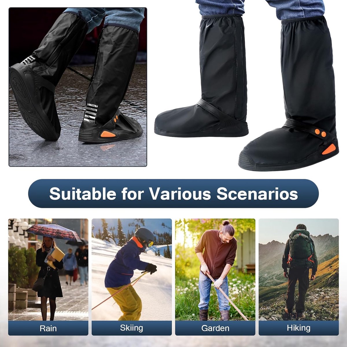 Waterproof Shoe Covers - Rain Shoe Covers - With Zipper, Snap - Waterproof Shoe Protectors - Motorcycle Scooter Bicycle Shoe Cover - Shoe Rain Cover - Shoe Cover - Shoe Covers - Anti-Slip - Size L 40-42 - Black - Reflective - Foldable - Image 4