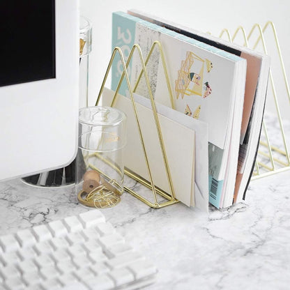 Magazine Rack - Record Rack - Mail Organizer - Steel Triangle Mail and Book Rack - Newspaper Holder - Mail Organizer - Reading Tray - Magazine Holder - Newspaper Rack - Magazine Bin - Freestanding - Storage for Mail, Magazines, and Books - Gold - Metal - Image 2