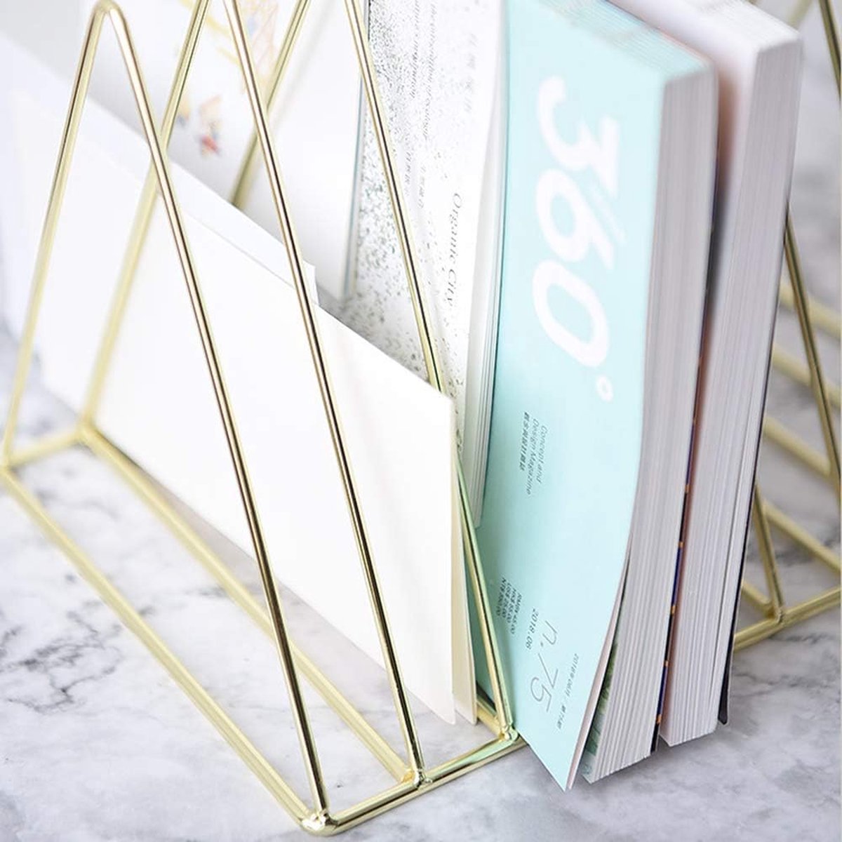 Magazine Rack - Record Rack - Mail Organizer - Steel Triangle Mail and Book Rack - Newspaper Holder - Mail Organizer - Reading Tray - Magazine Holder - Newspaper Rack - Magazine Bin - Freestanding - Storage for Mail, Magazines, and Books - Gold - Metal - Image 3