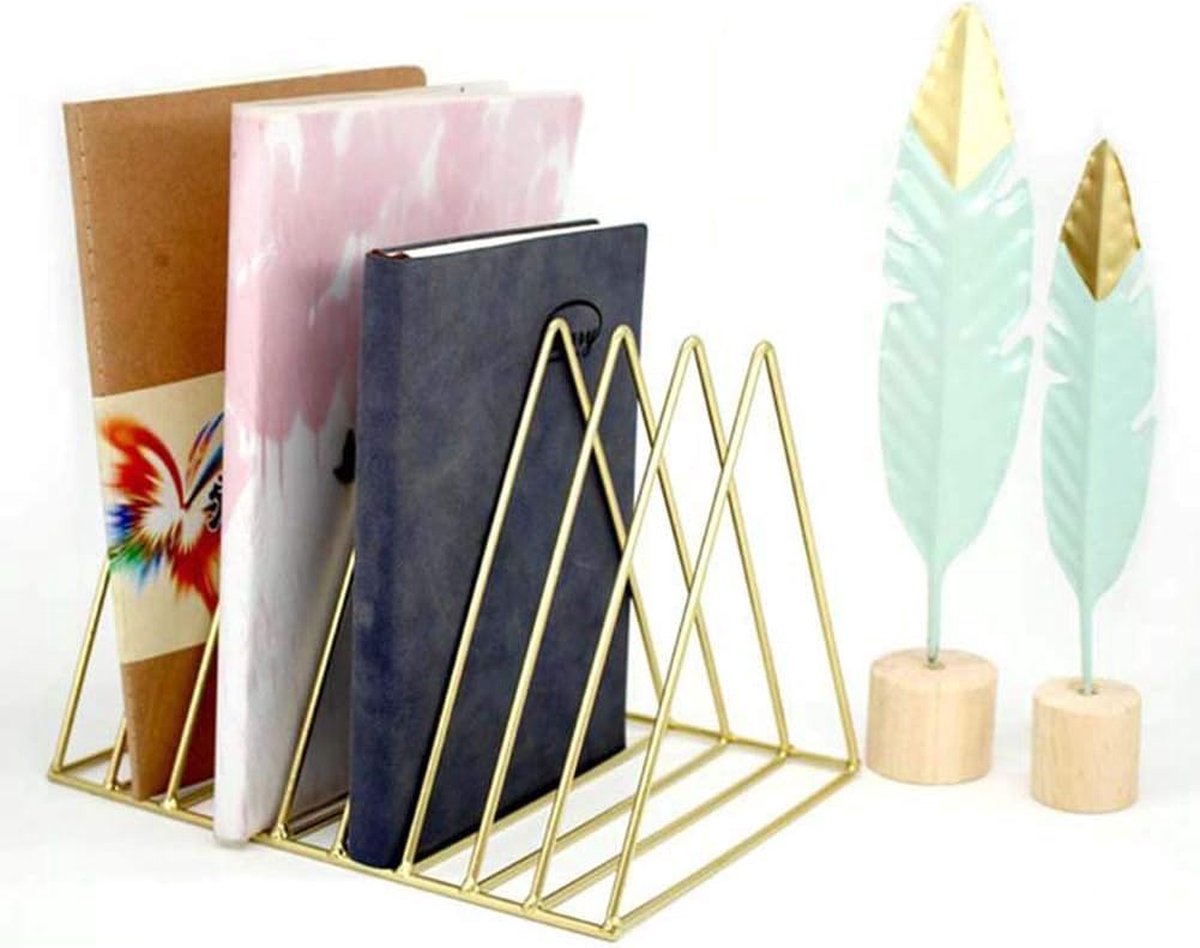 Magazine Rack - Record Rack - Mail Organizer - Steel Triangle Mail and Book Rack - Newspaper Holder - Mail Organizer - Reading Tray - Magazine Holder - Newspaper Rack - Magazine Bin - Freestanding - Storage for Mail, Magazines, and Books - Gold - Metal - Image 4
