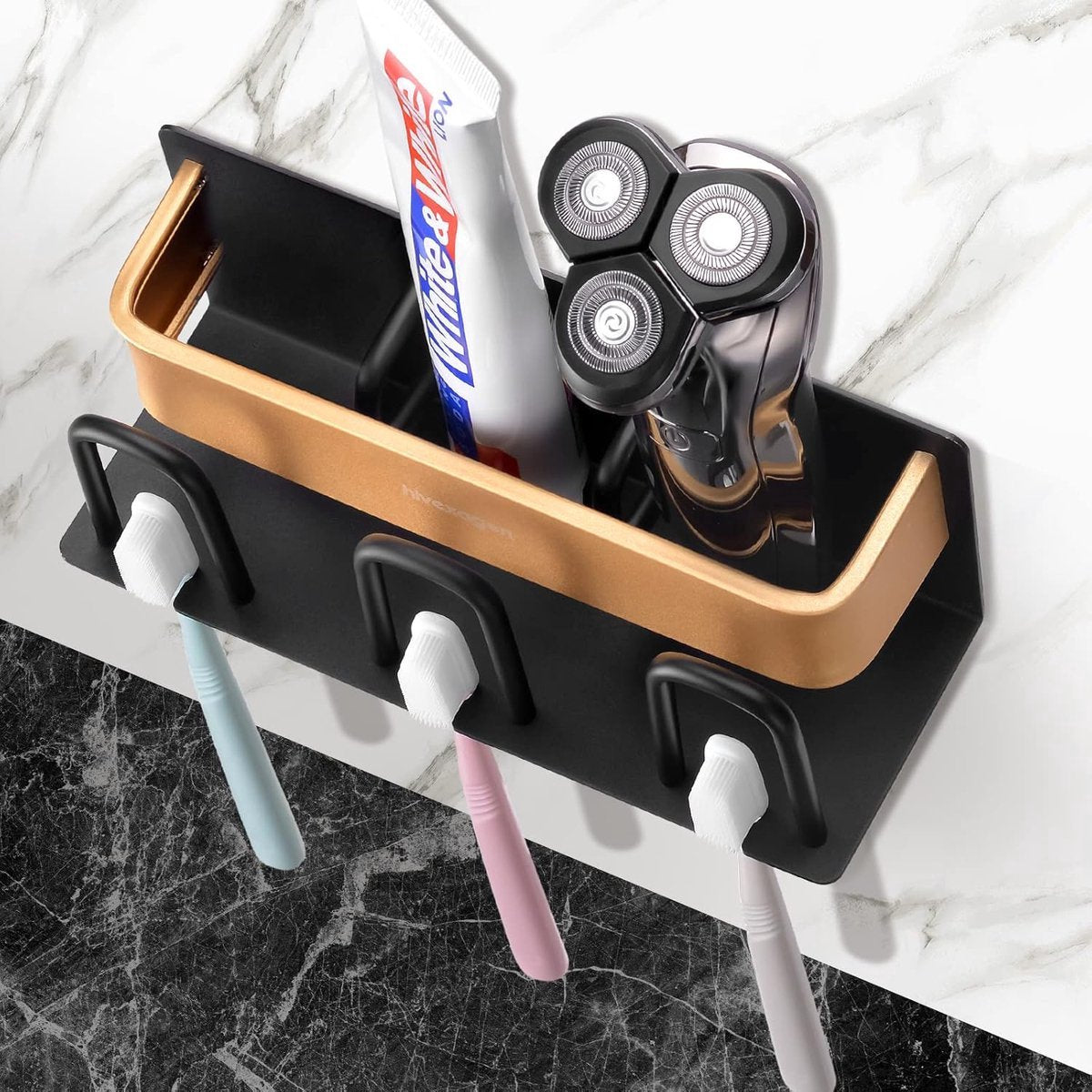 Toothbrush Holder - Toothbrush Case - 3 Sorting Compartments - Electric Toothbrush Case - Razor Holder - Wall Mounted - Stainless Steel - Toothbrush Organizer - Self-Adhesive - Bathroom Accessories - No Drilling Required - Keep Tidy - Image 3