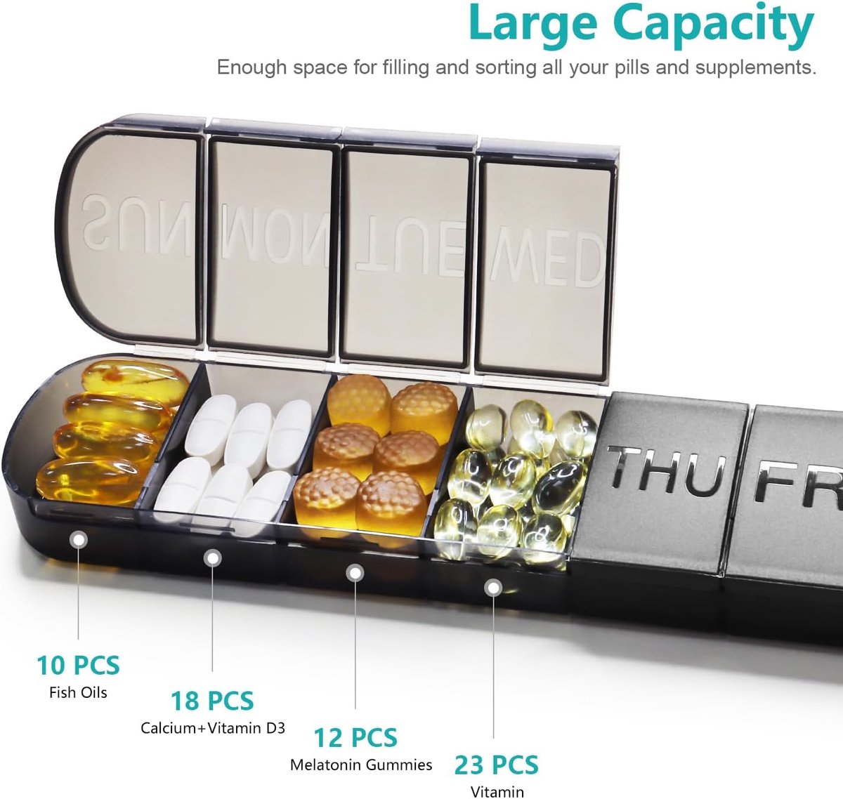 7-Day Pill Box - Portable Medicine Box - Weekly Pill Organizer - Once-a-Day Pill Box - Pill Containers - Travel-Friendly - For Medicines, Vitamins, Fish Oil Supplements - Black - Image 4