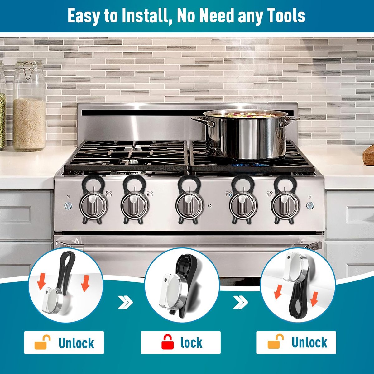 Gas Stove Knob Lock - 5 Pieces - Child Lock - Child-Safe Oven Locks - For Children and Pets - Suitable for Gas Stove, Gas/Electric Stove, Electric Oven, Induction Stove, Gas BBQ, Hob - Kitchen Utensils - Black - Child Safety - Image 5