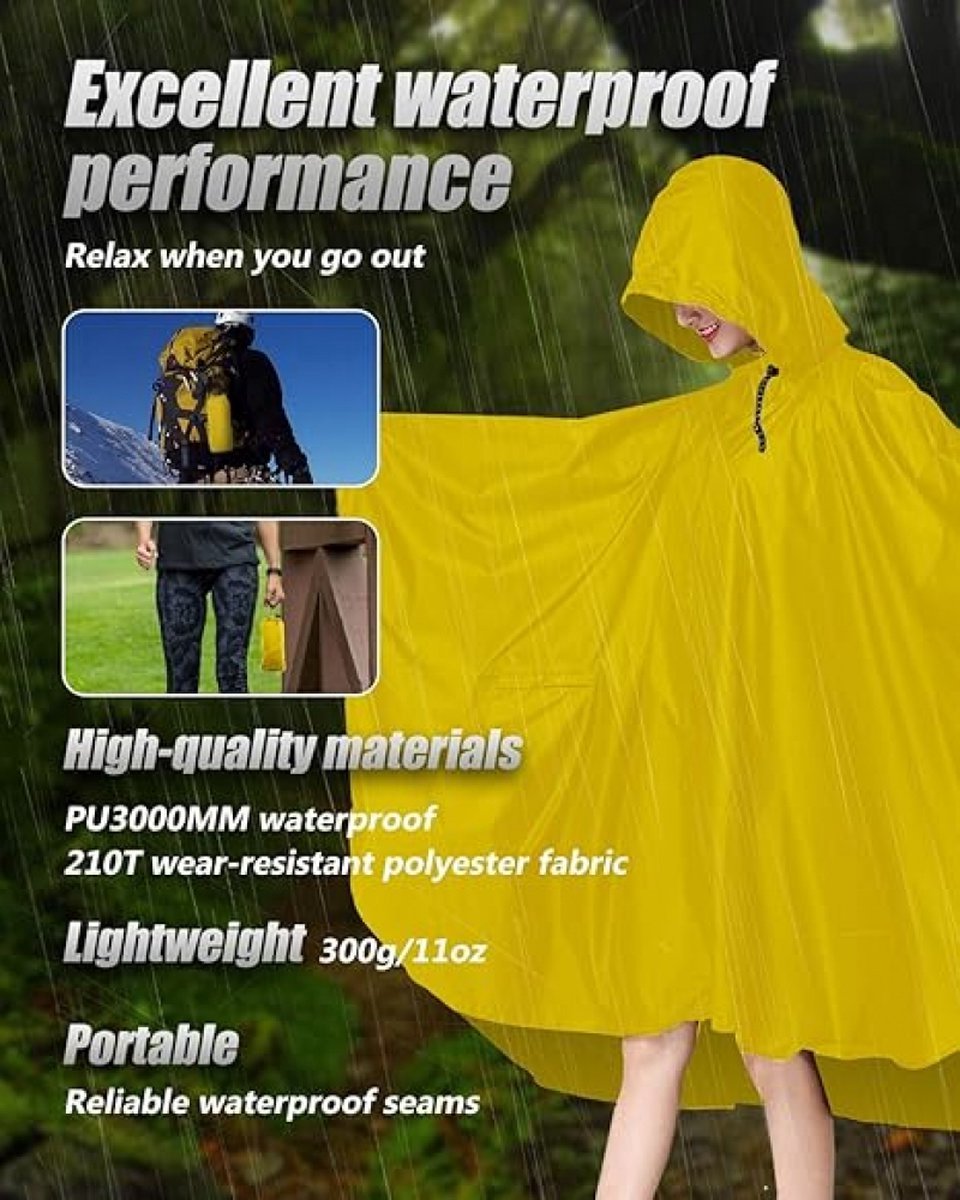 Poncho - Raincoat - Waterproof - Quick-drying - Breathable - Portable - Tear-resistant - Foldable - Lightweight - Reusable - Women's & Men's Cycling Rain Poncho - Bicycle Poncho - Yellow - With Pocket - Hood and Snap - Multifunctional 3 in 1 Poncho - Image 4