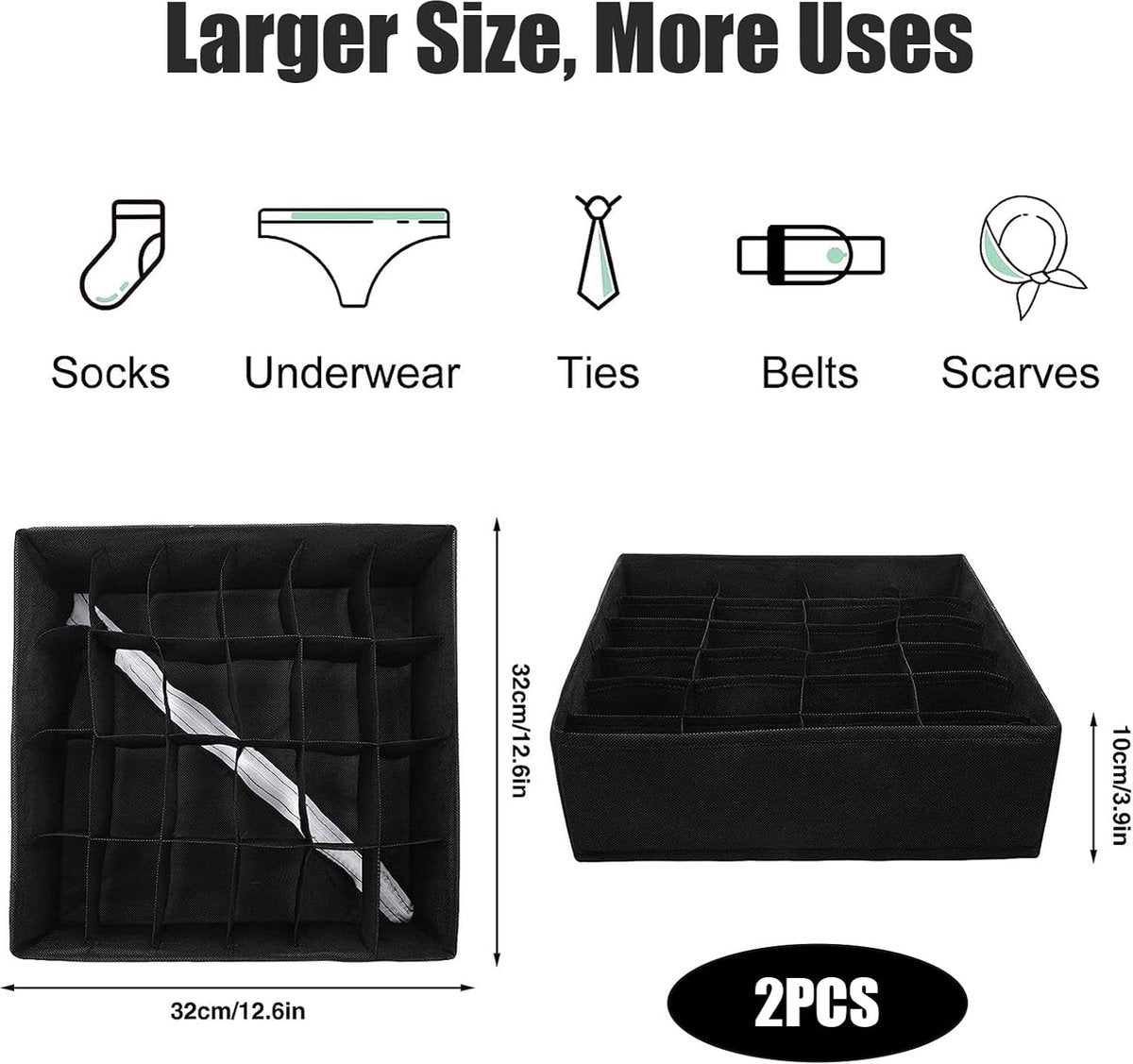 Underwear Storage Boxes - 2 Pieces - 24 Compartments - Drawer Organizer - Bra Organizer - Sock Organizer - Collapsible Storage Box - Underwear Divider - For Wardrobe - Foldable - For Underwear, Bras, Socks, Lingerie, Scarves - In Closet or Drawer - Image 5