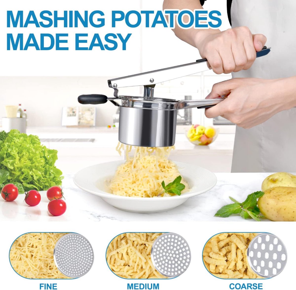 Stainless Steel Potato Press - Potato Squeezer - Potato Masher - Includes 3 Different Texture Discs - Can Be Hanged - Making Potato Puree - Puree - Dishwasher Safe - Gift - Image 3