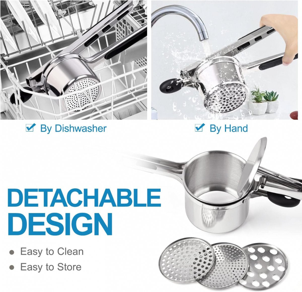 Stainless Steel Potato Press - Potato Squeezer - Potato Masher - Includes 3 Different Texture Discs - Can Be Hanged - Making Potato Puree - Puree - Dishwasher Safe - Gift - Image 4