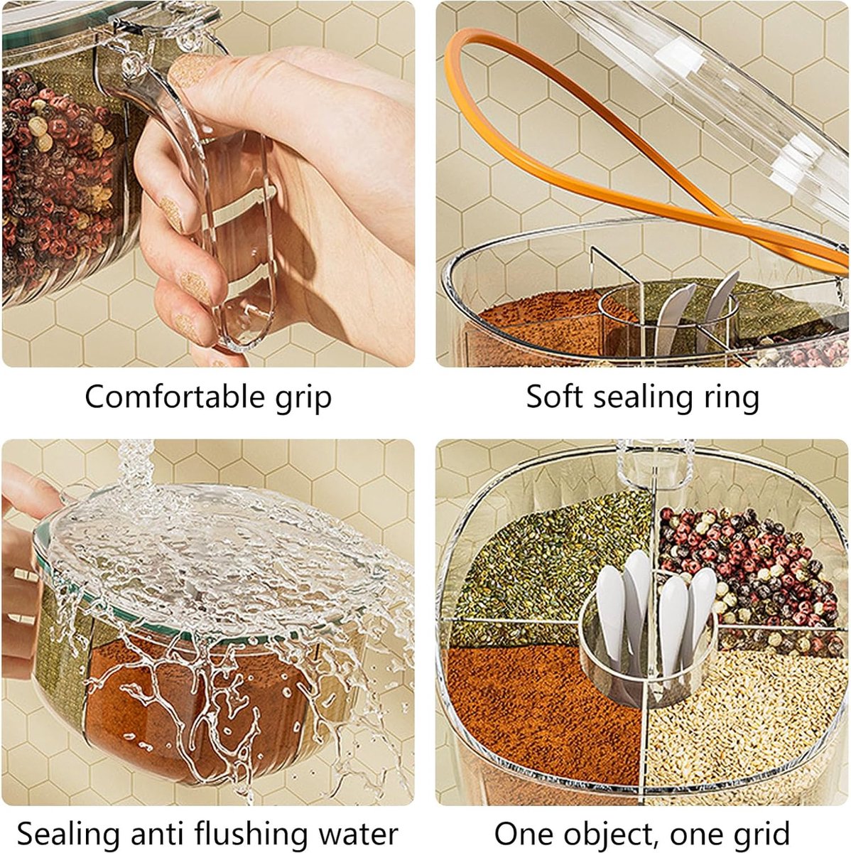 Spice Jars - Divided Spice Jar - Divided Spice Container - 4 Grids Transparent Spice Container - For Kitchen Cabinet Pantry Refrigerator - With 4 Spice Spoons - Image 3