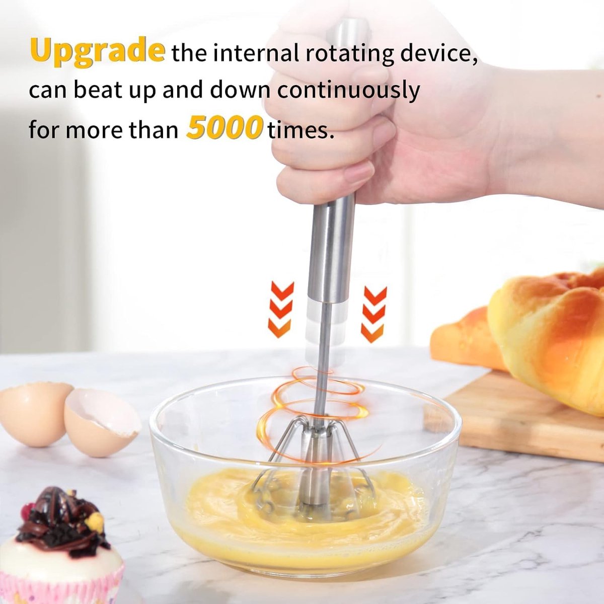Egg Beater - Egg Whisk - Semi-Automatic Stainless Steel Whisk - Batter Beater - Whipped Cream Whisk - Mini Whisk - Immersion Blender - Mixer - Manual - for baking in the kitchen - Silver - Stainless Steel - Image 2
