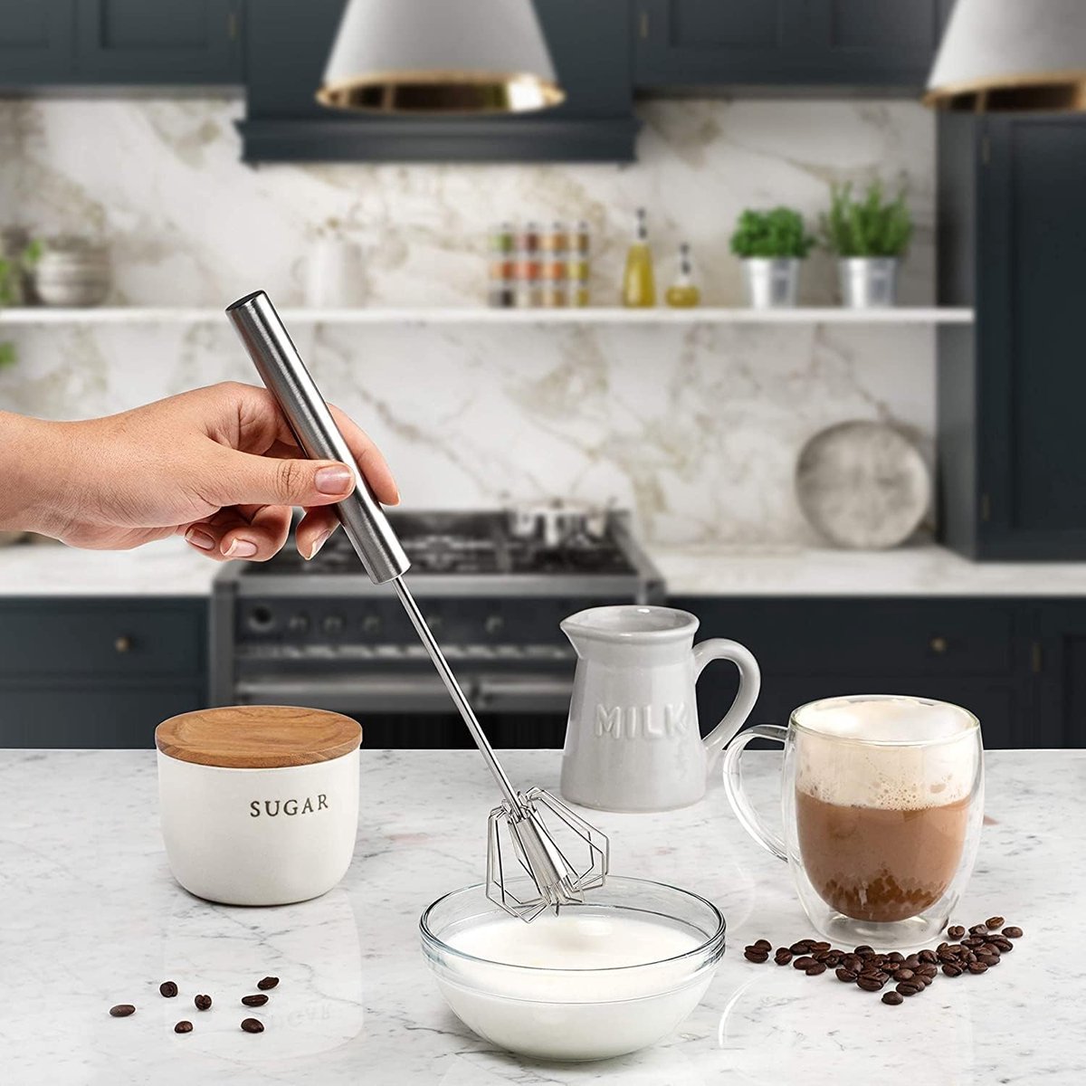 Egg Beater - Egg Whisk - Semi-Automatic Stainless Steel Whisk - Batter Beater - Whipped Cream Whisk - Mini Whisk - Immersion Blender - Mixer - Manual - for baking in the kitchen - Silver - Stainless Steel - Image 3