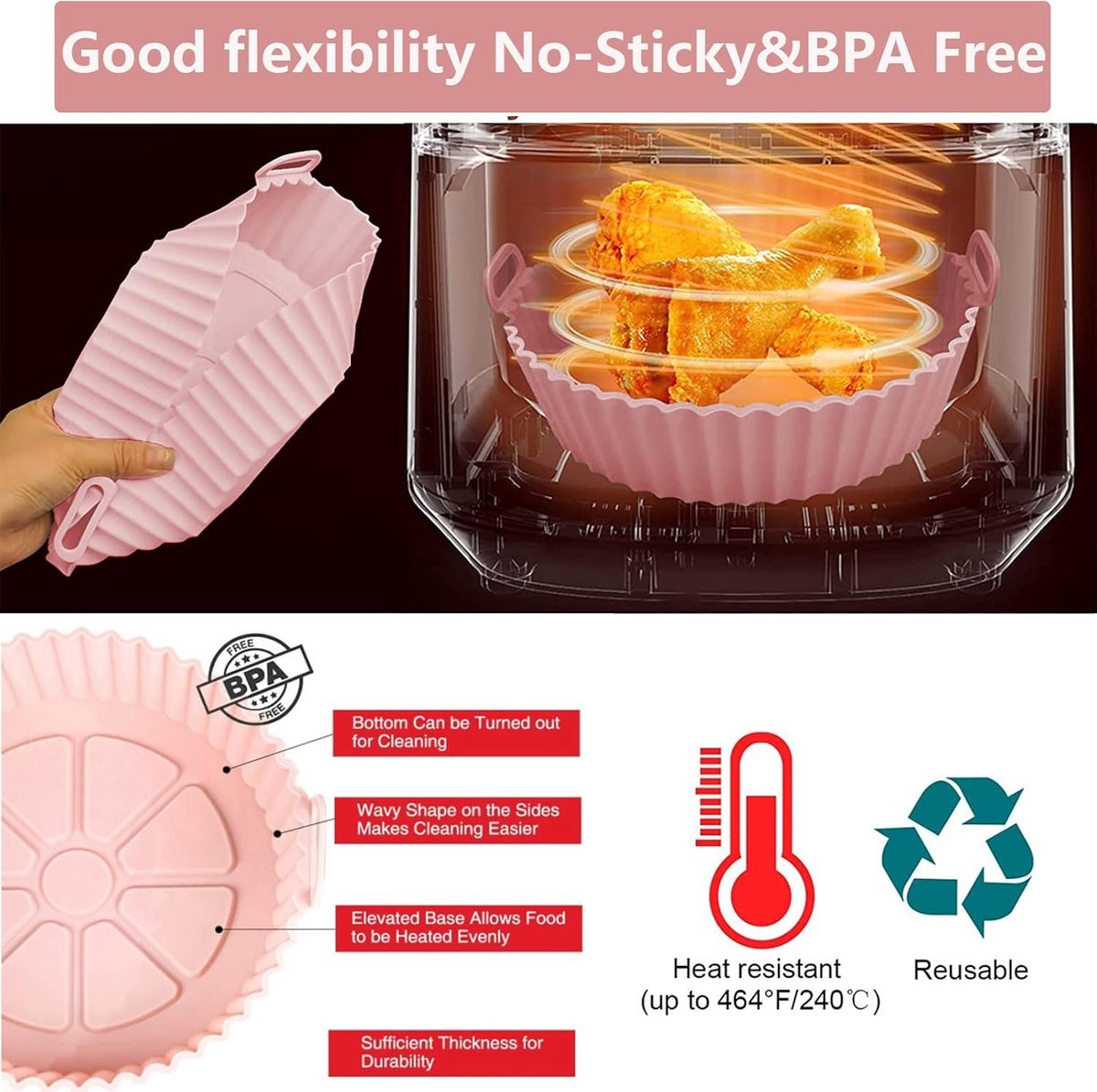 2 Airfryer Silicone Trays - Airfryer Accessories - BPA Free - 20cm - Airfryer Basket - Reusable - Baking Paper Alternative - Airfryer Liner - Round - Airfryer Silicone Baking Paper - Baking Mold - Sustainable - Non-Stick - Dishwasher Safe - Grey/Pink - Image 4