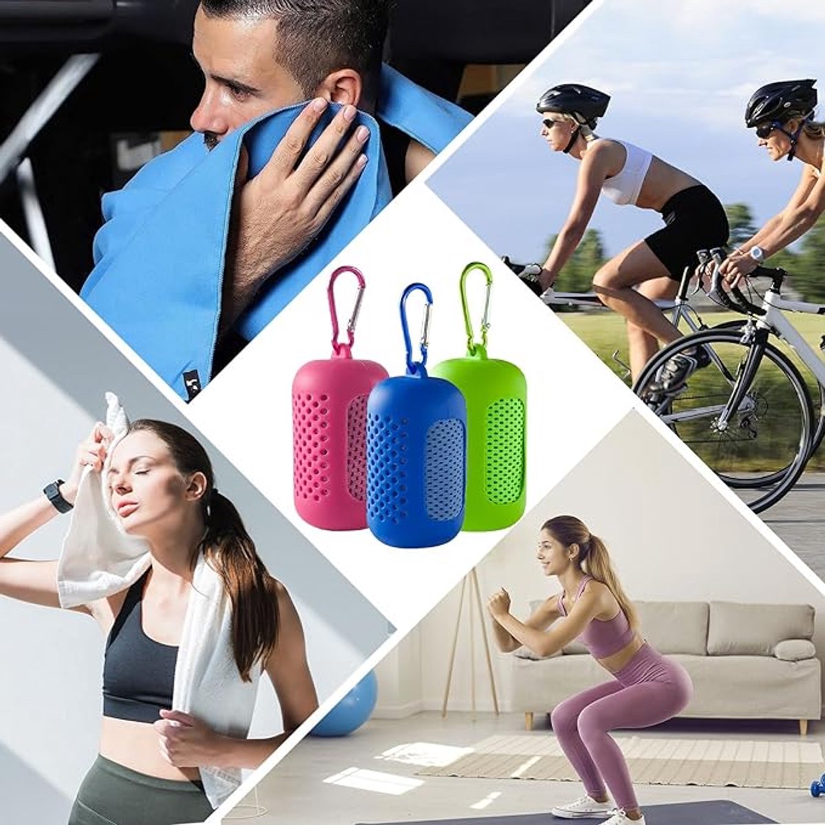 Three-pack cooling towels - Cooling microfiber - Polyester - Sports towel - Cooling towel - Fast-drying and sweat-wicking - Includes a portable silicone sleeve - Suitable for fitness, outdoor activities, and sports - Unisex - Image 4