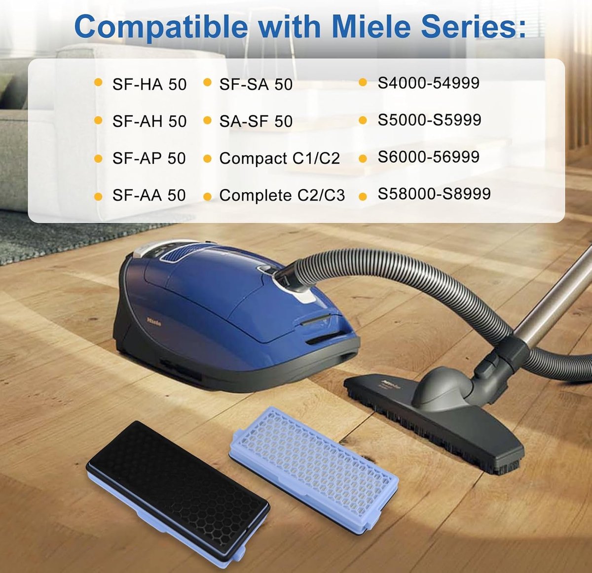 Active HEPA Filter Set 2 Pieces Suitable For Miele Classic Compact C1, Complete C2 & C3 - Replaceable - Vacuum Cleaner Parts - Vacuum Cleaner Filter - Impurity Filter - Blue - Image 3