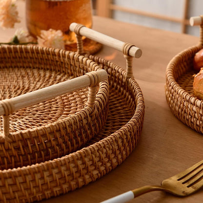 Fruit Basket - Set of 3 - Round Fruit Bowl - Bread Baskets - Storage Basket - With Handle - Rattan Basket - Handles - Decorative Trays - Serving Tray - Home Accessories - For Serving Dishes, Crackers, Pastries, Snacks - Image 2