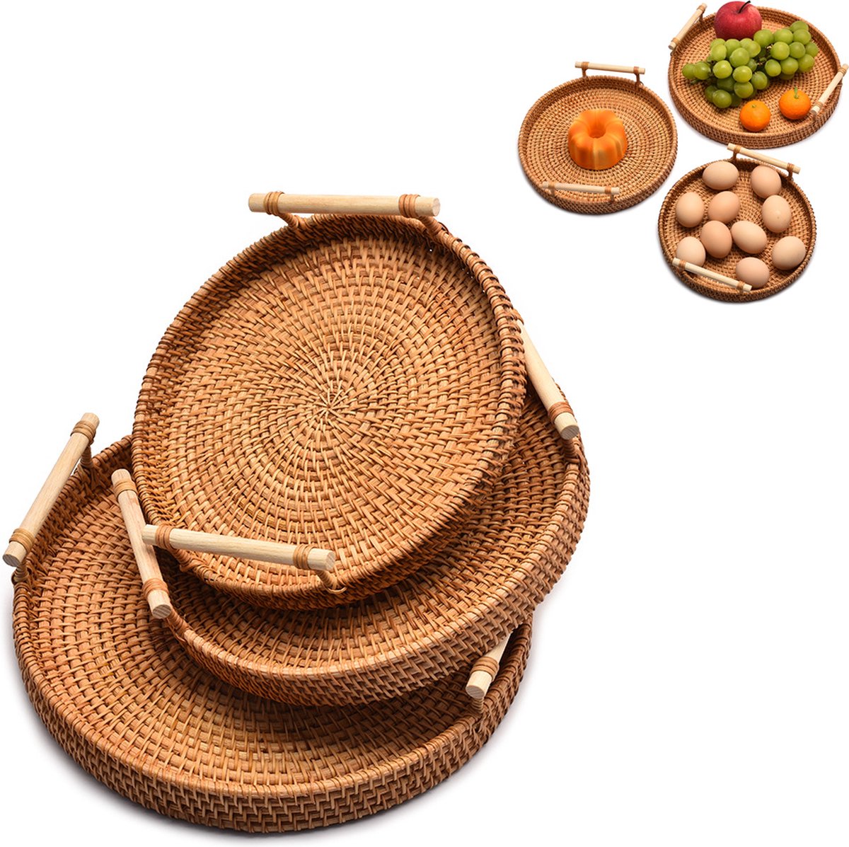 Fruit Basket - Set of 3 - Round Fruit Bowl - Bread Baskets - Storage Basket - With Handle - Rattan Basket - Handles - Decorative Trays - Serving Tray - Home Accessories - For Serving Dishes, Crackers, Pastries, Snacks - Image 4