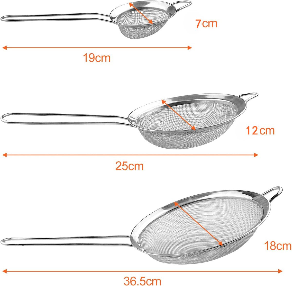 Premium Stainless Steel Sieve Set - 3-Piece Colander - Kitchen Sieve - Small Sieves - Sieve Set - Bowl Sieve - Mini Sieves - Premium Fine Set - Dishwasher Safe - Ø 7, 12 and 18 cm - Sturdy & Durable - Image 2