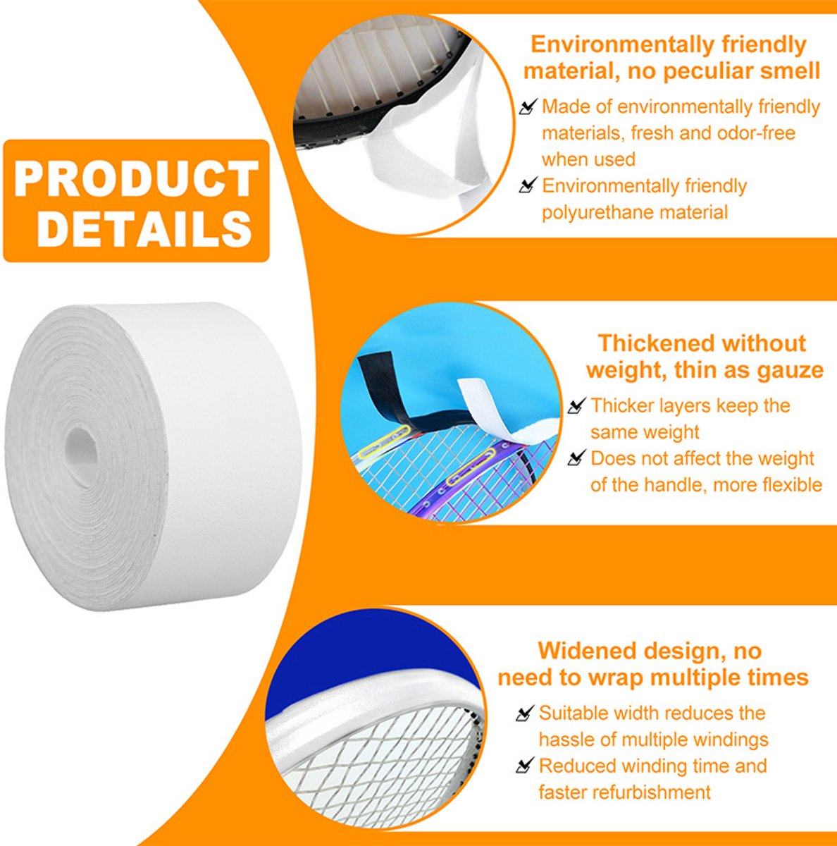 Tennis - Professional Tennis Racket Head Protection Tape - Thickened Racket Protection Tape - Frame Protector - Racket Accessories - Soft - Prevent paint from peeling - Universal - for Tennis/ Badminton/ Squash - 3.5cm x 5m - White - Image 5