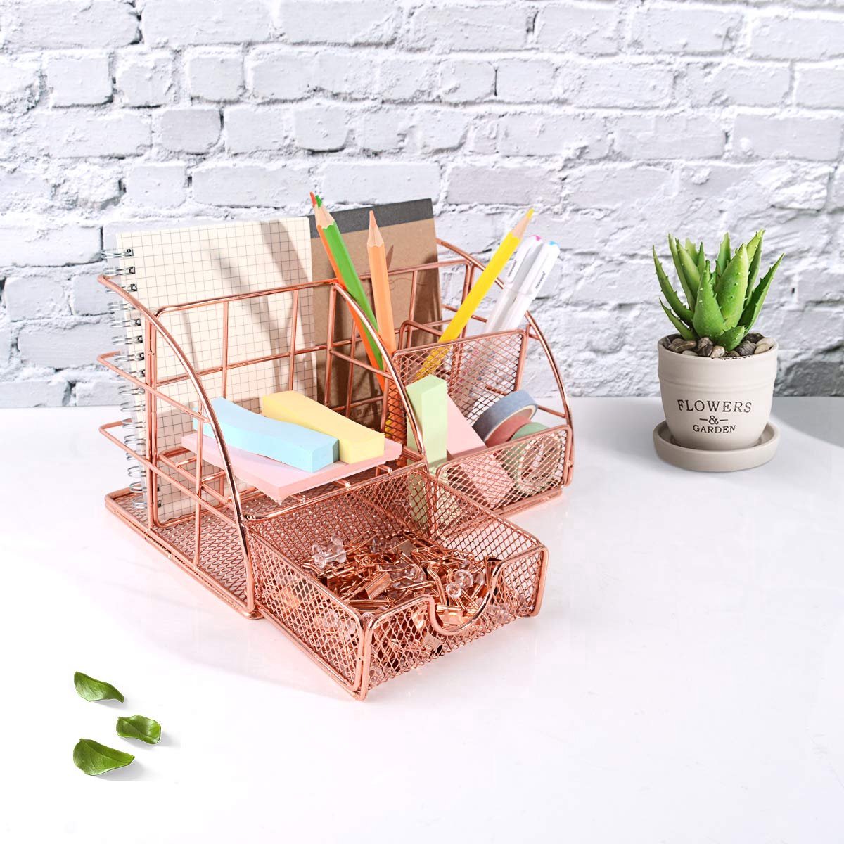 Pen Tray - 5 Compartments and Drawer - Desk Organizer - Rose Gold - Pen Holder - Desk Organizer - Durable - Non-Fading - Metal - Pen Trays - Mesh - Fashion - Multifunctional Storage System - Neatness & Classification - Save Space - Image 2