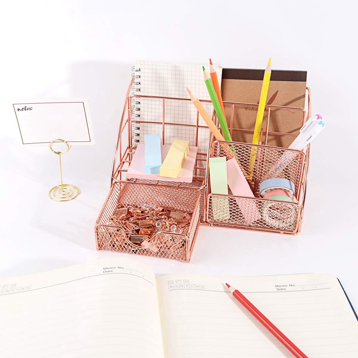 Pen Tray - 5 Compartments and Drawer - Desk Organizer - Rose Gold - Pen Holder - Desk Organizer - Durable - Non-Fading - Metal - Pen Trays - Mesh - Fashion - Multifunctional Storage System - Neatness & Classification - Save Space - Image 3