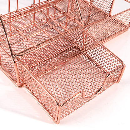 Pen Tray - 5 Compartments and Drawer - Desk Organizer - Rose Gold - Pen Holder - Desk Organizer - Durable - Non-Fading - Metal - Pen Trays - Mesh - Fashion - Multifunctional Storage System - Neatness & Classification - Save Space - Image 4