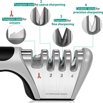 4-in-1 Knife Sharpener - Stainless Steel - Anti-Slip Knife Sharpener - Pull-through Sharpener - 4 Settings - With Anti-Slip Base - Sharpening Steel for Knives - Scissor Sharpener - Sharpening - For Polishing Knives, Scissors, and Other Knives - Image 3