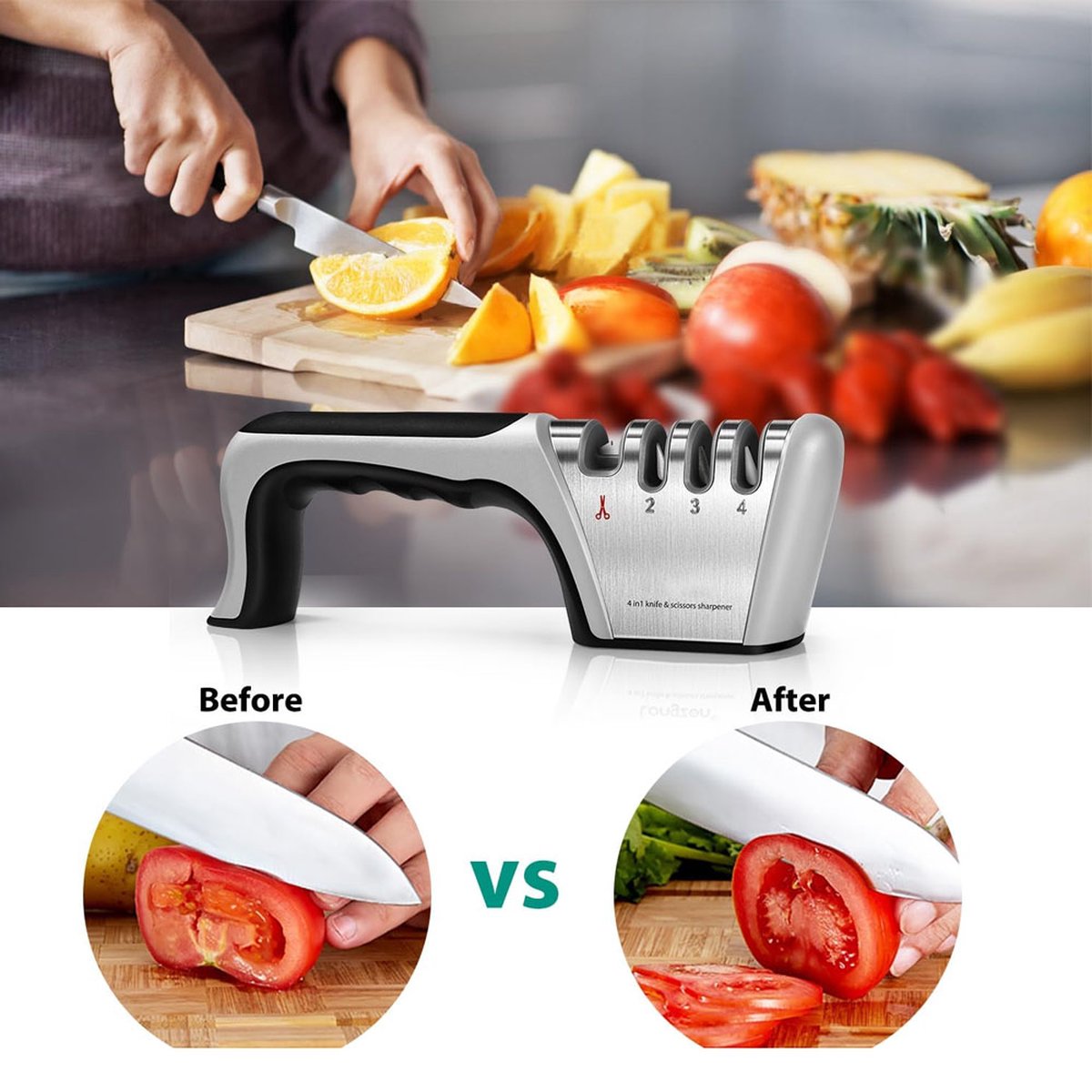 4-in-1 Knife Sharpener - Stainless Steel - Anti-Slip Knife Sharpener - Pull-through Sharpener - 4 Settings - With Anti-Slip Base - Sharpening Steel for Knives - Scissor Sharpener - Sharpening - For Polishing Knives, Scissors, and Other Knives - Image 4