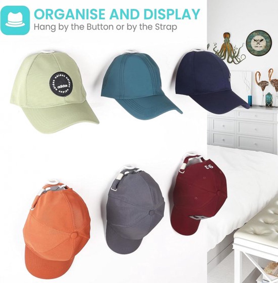 Cap Rack Set of 8 - Wall Cap Holders - Cap Hooks - With Screws and Tape - Two Installation Methods - Cap Rack Coat Rack - Cap Rack Storage System - Cap Storage Bag - Hat Holder - Cap Organizer - Double Suspension - White - Image 2