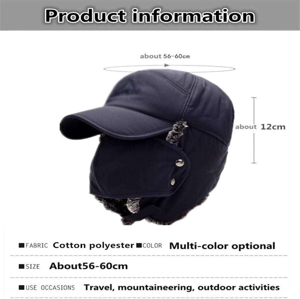 Winter Trapper Hat - Winter Hat Keeps Warm - Cotton Hat - Windproof Warm - For Snowboarding Skating Cycling - Soft Comfortable With Elastic - 3 In 1 - With Warm Ear Flap - Black - Size 55-60cm - Image 2