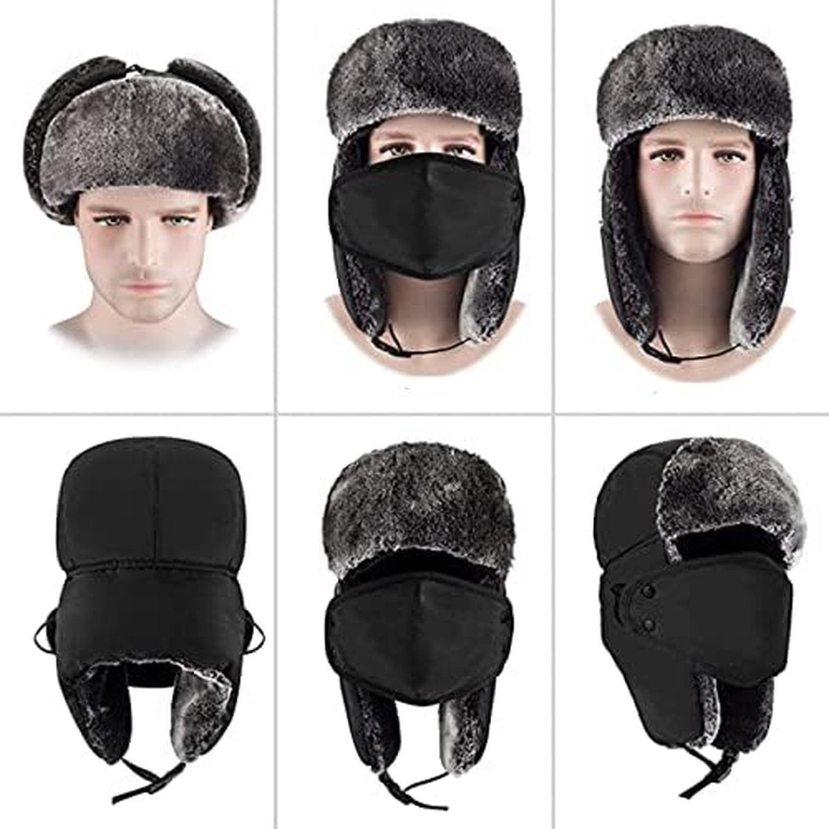 Winter Trapper Hat - Winter Hat Keeps Warm - Cotton Hat - Windproof Warm - For Snowboarding Skating Cycling - Soft Comfortable With Elastic - 3 In 1 - With Warm Ear Flap - Black - Size 55-60cm - Image 5