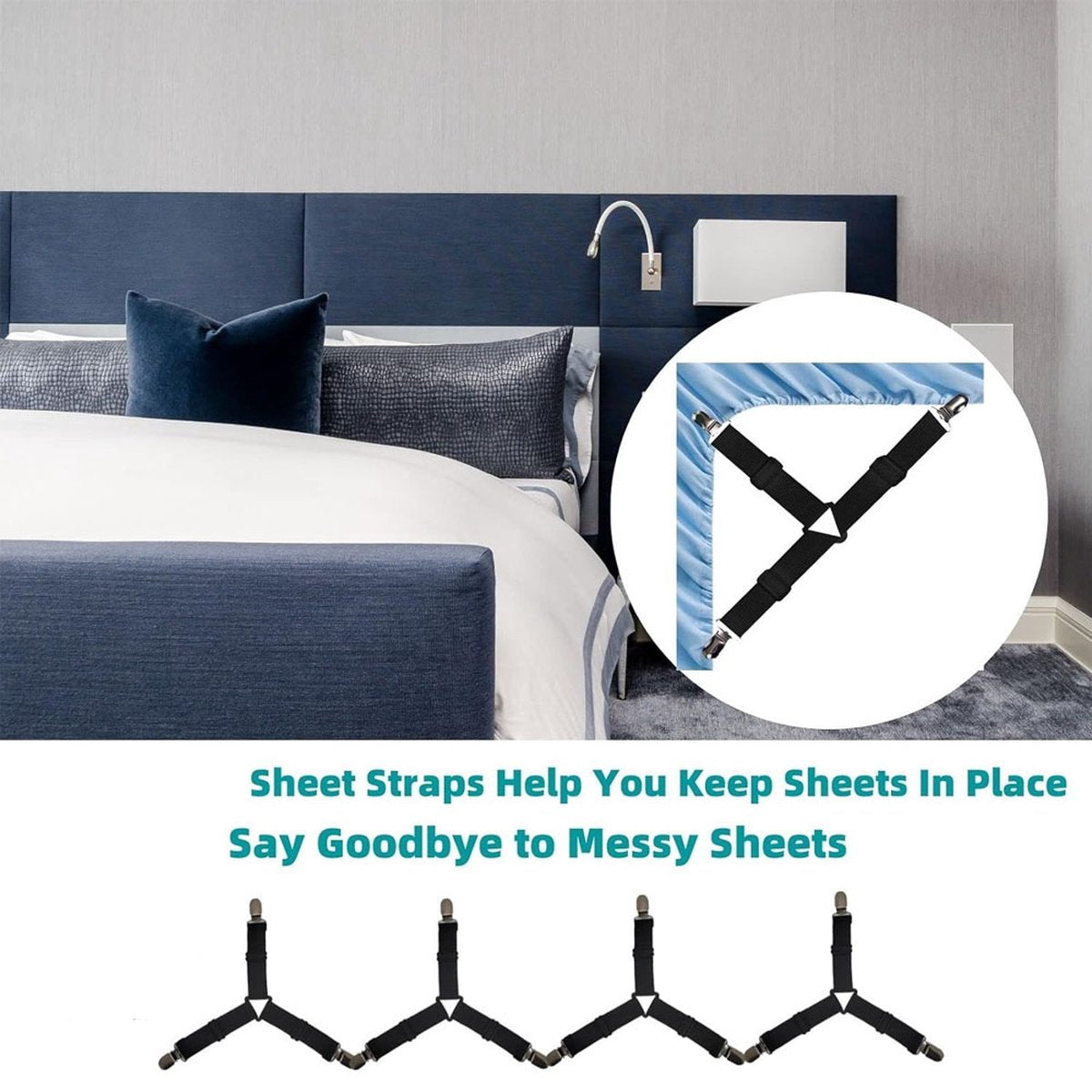 Bed Sheet Tensioners - 4 Pieces - Duvet Sheet Tensioner Clips - Duvet Clamps - Duvet Cover Tensioners - Sheet Clips - Adjustable - Sheet Suspenders - Fitted Sheet Clamps - Bed Sheet Clips - Say Goodbye to Messy Sheets - Won't Shift - Black - Image 2