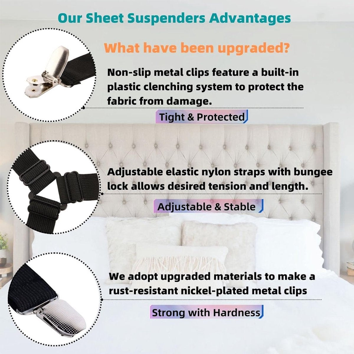 Bed Sheet Tensioners - 4 Pieces - Duvet Sheet Tensioner Clips - Duvet Clamps - Duvet Cover Tensioners - Sheet Clips - Adjustable - Sheet Suspenders - Fitted Sheet Clamps - Bed Sheet Clips - Say Goodbye to Messy Sheets - Won't Shift - Black - Image 4
