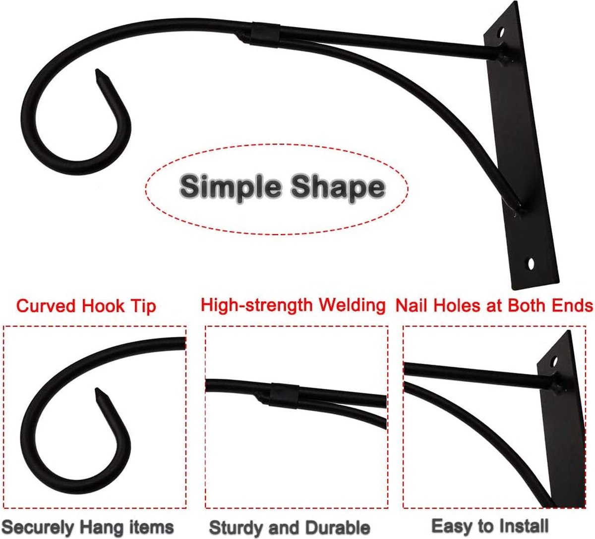 Set of 2 - Hanging Pot - Plant Hanger - Wall Hook - Flower Pot Hanging Hooks - Outdoor Balcony Accessories - Garden/Home Hanging Decoration - Hanging Basket Hook - Metal - Black - Image 3