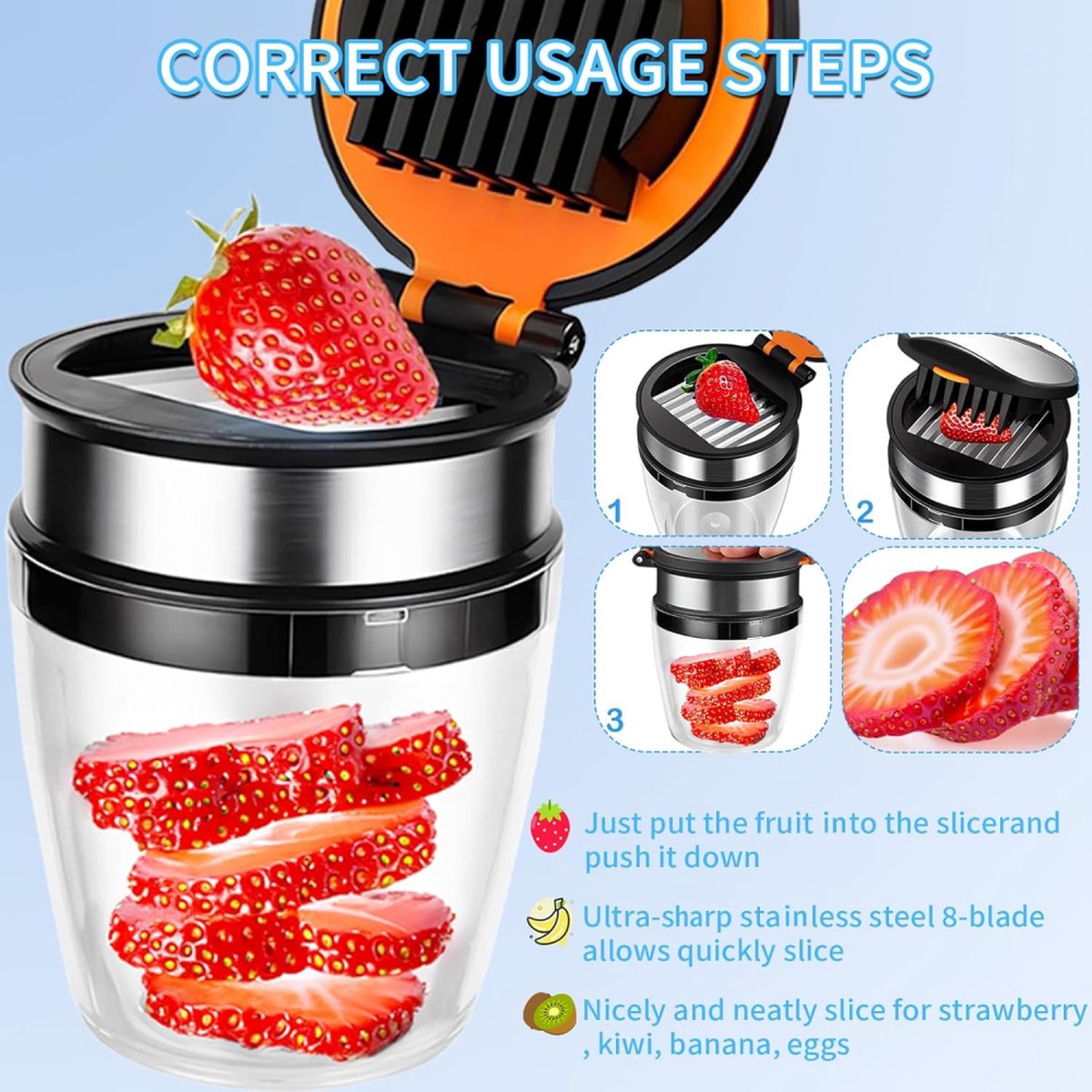 Fruit Slicer - Vegetable Slicer - Fruit Divider - Strawberry Slicer - Banana Slicer - Date Slicer - Egg Slicer - BPA-Free - Kitchen Slicer - Fruit Cutter - Fruit Chopper - Manual Chopper - Suitable for Strawberries/Bananas/Red Dates/Eggs - Image 2