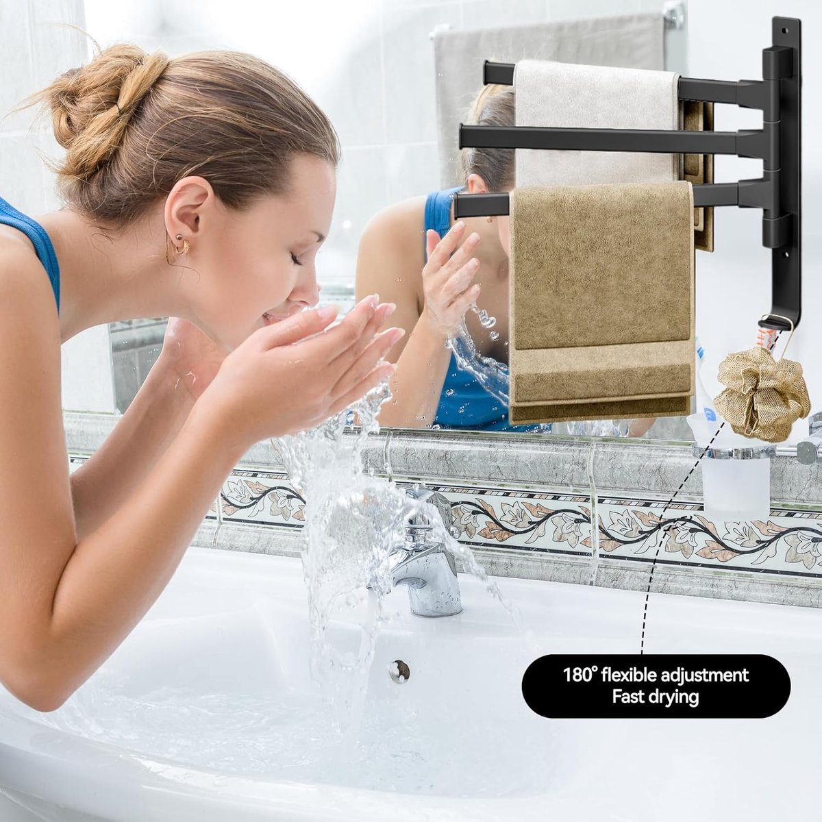 Towel Rack - 3-Arm Towel Holder - Towel Bar - Towel Rack - Towel Ladder - Towel Bar - 180 Degree Adjustable - For Bathroom/Kitchen - No Drilling Required - Self-Adhesive - Wall Drying Rack - Bathroom - Rotatable - Metal - Black - Image 4