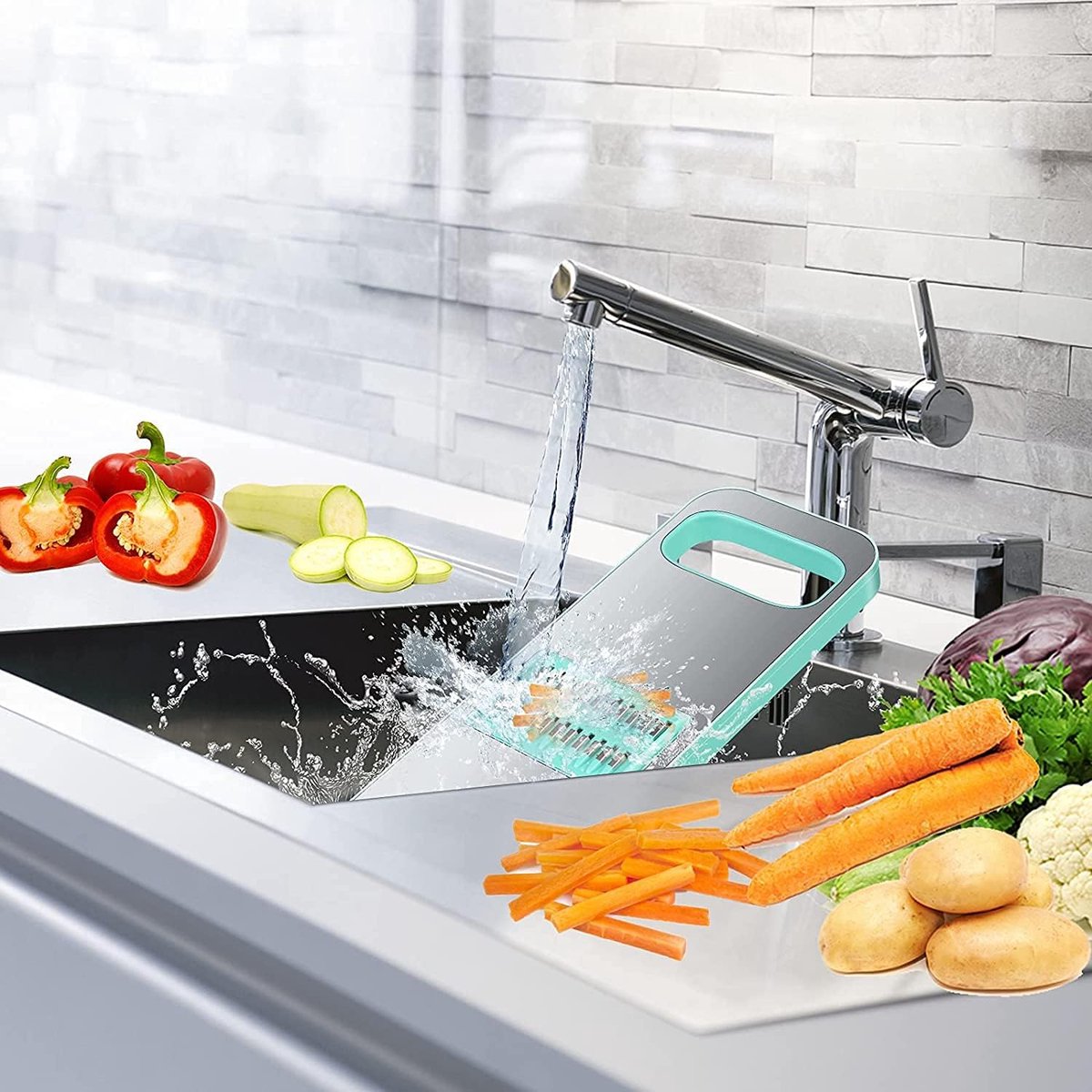 Vegetable Slicer - 8-Piece - Vegetable Chopper - Kitchen Slicer - All-purpose Slicer - Onion Slicer - Grater - Plastic - Manual - Easy to Clean - Effective - Time-Saving - Simple - Multifunctional - Blue - Image 2