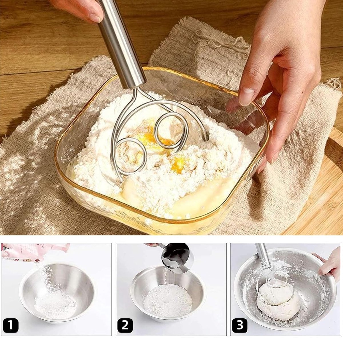 Dough Beater - 2 Pieces - Dough Whisk - Mixing and Beating - Danish Whisk - Dough Mixer - Spiral Whisk - Beating Dough - Egg Beater - Double Ring - Kitchen Utensils - For Baking in the Kitchen - Manual Dough Mixing - Bread Cake Making - Stainless Steel -  - Image 4