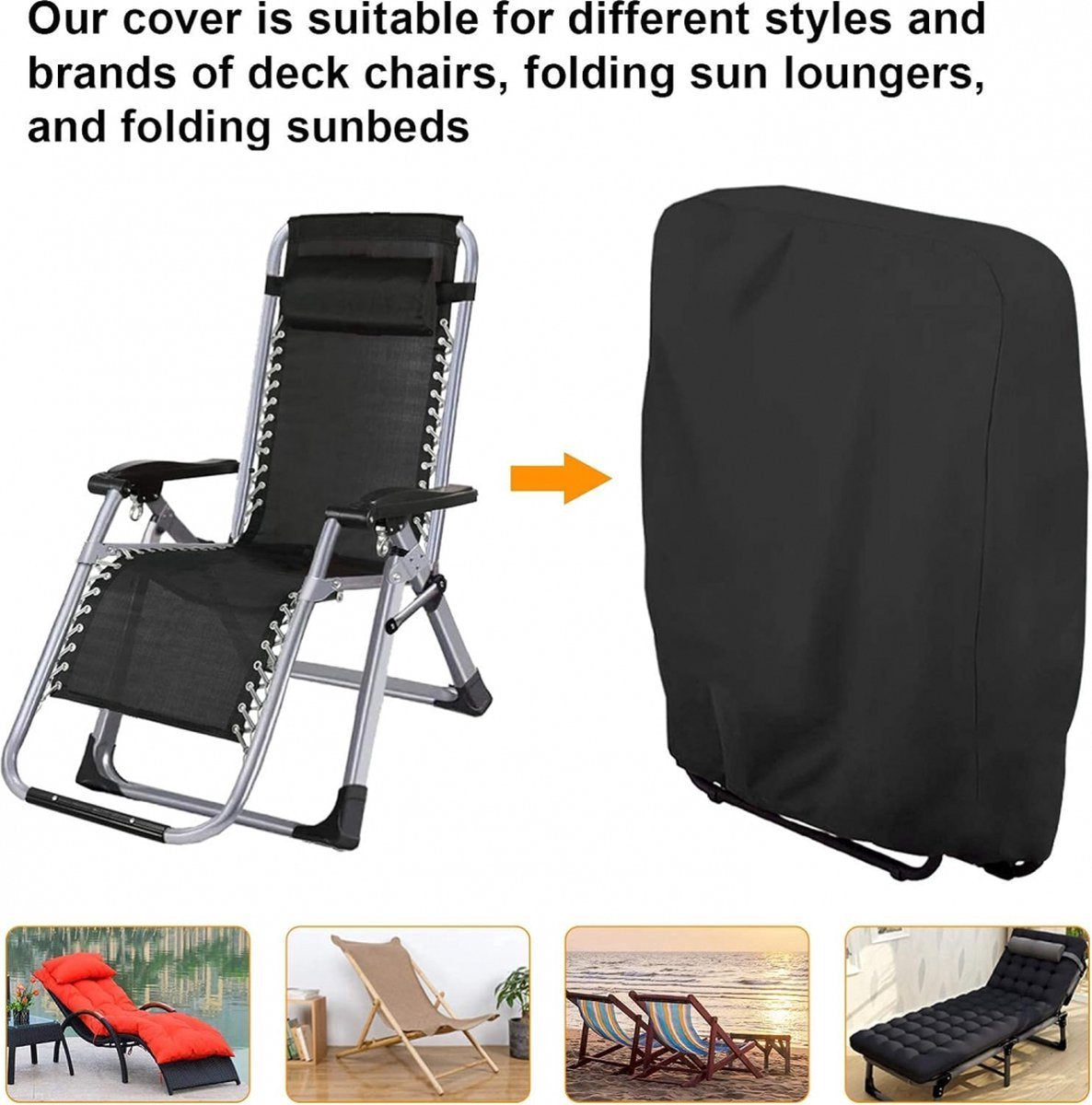 Weatherproof Protective Cover for Sun Lounger - Waterproof Chair Cover - Garden Chair Cover - Cover for Folding Chairs - Garden Furniture Cover - Protective Cover for Sun Loungers - 71x20/34x110cm - Cover for Sun Lounger - Black - With Carrying Bag - For  - Image 4
